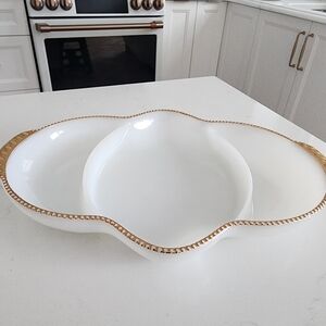 Vintage Anchor Hocking FireKing White Milk Glass Relish Dish 22K Gold Beaded Rim